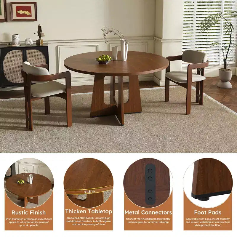 Tavolo da pranzo rotondo per 4 persone, tavolo da cucina in stile rustico, tavolo circolare in MDF con finitura effetto legno, capacità di carico di 136 kg per sala da pranzo, cucina, soggiorno