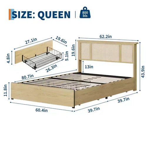 Struttura Letto con Testiera in Rattan Naturale, 4 Cassetti Contenitore, Doghe, Supporto Materasso in Rattan Stile Bohemien, Robusta Base in Metallo con Resistente Struttura in Legno