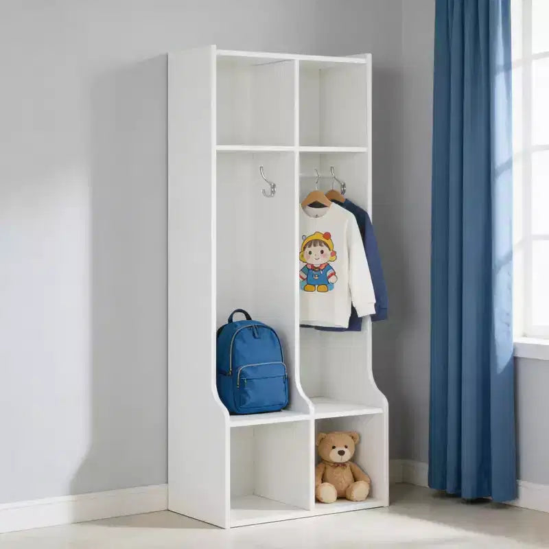 Appendiabiti con 2 sezioni, 4 scomparti e 4 ganci, resistente organizer per bambini per casa, sala studio, asilo nido o scuola materna, facile accesso