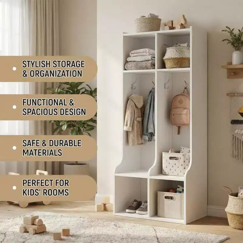 Appendiabiti con 2 sezioni, 4 scomparti e 4 ganci, resistente organizer per bambini per casa, sala studio, asilo nido o scuola materna, facile accesso