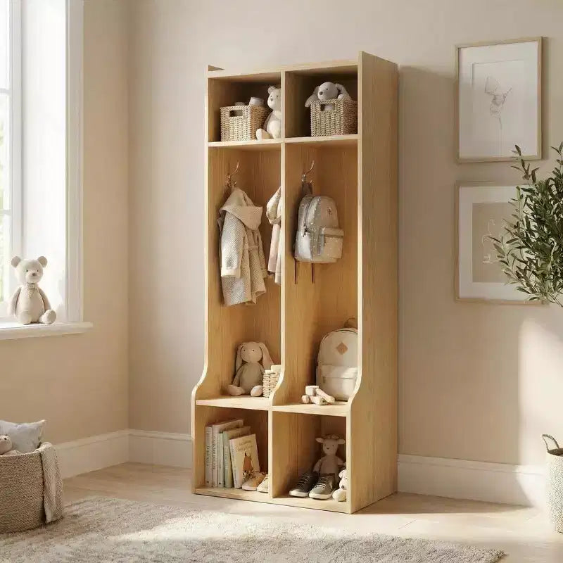 Appendiabiti con 2 sezioni, 4 scomparti e 4 ganci, resistente organizer per bambini per casa, sala studio, asilo nido o scuola materna, facile accesso