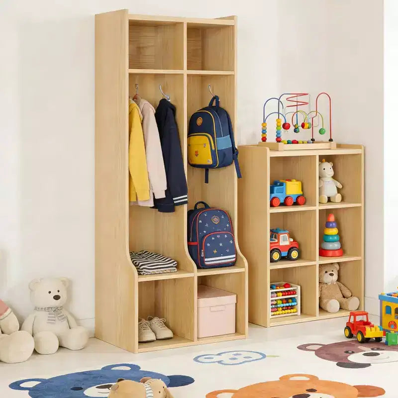 Appendiabiti con 2 sezioni, 4 scomparti e 4 ganci, resistente organizer per bambini per casa, sala studio, asilo nido o scuola materna, facile accesso