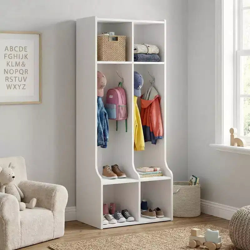 Appendiabiti con 2 sezioni, 4 scomparti e 4 ganci, resistente organizer per bambini per casa, sala studio, asilo nido o scuola materna, facile accesso