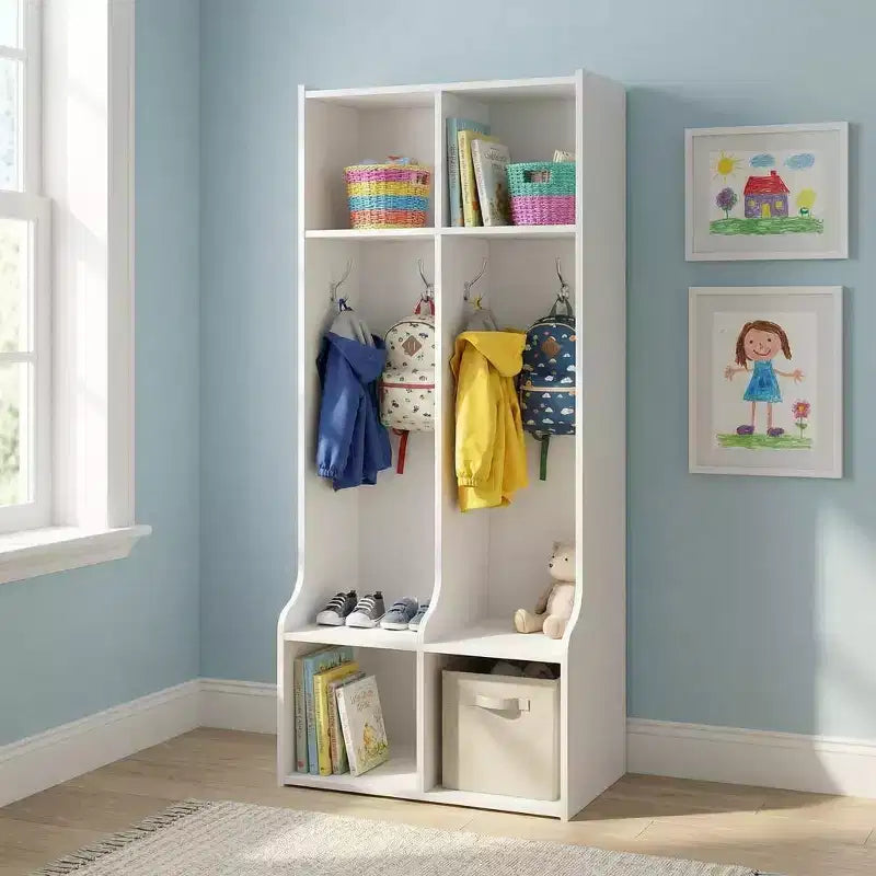 Appendiabiti con 2 sezioni, 4 scomparti e 4 ganci, resistente organizer per bambini per casa, sala studio, asilo nido o scuola materna, facile accesso