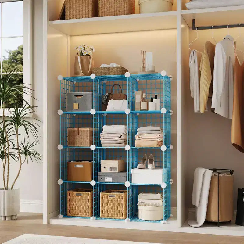 Mobiletto da Armadio Modulare con Cubi a Filo da 12 Scomparti, Scaffale per Camera da Letto e Ufficio, Blu