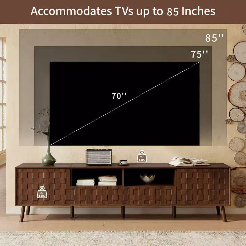Mobile TV moderno con motivo geometrico, cassetti e gestione cavi