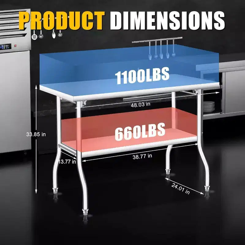 Tavolo Pieghevole in Acciaio Inox Super Resistente - Capacità 180 kg - Portatile, Nessun Montaggio Richiesto - Tavolo da Lavoro/Preparazione per Cucina, Lavanderia, Ristorante, Campeggio