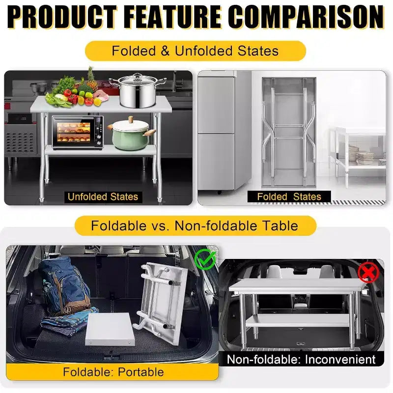 Tavolo Pieghevole in Acciaio Inox Super Resistente - Capacità 180 kg - Portatile, Nessun Montaggio Richiesto - Tavolo da Lavoro/Preparazione per Cucina, Lavanderia, Ristorante, Campeggio