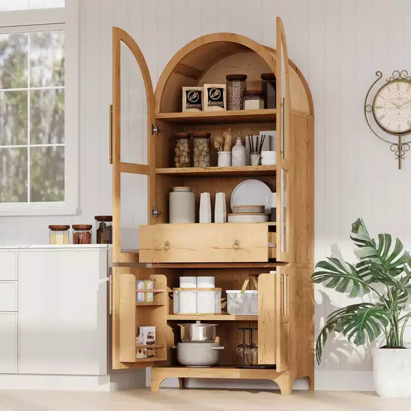 Mobile dispensa alto ad arco per cucina, armadio contenitore indipendente con anta in vetro, mobiletto bar per caffè per cucina, sala da pranzo