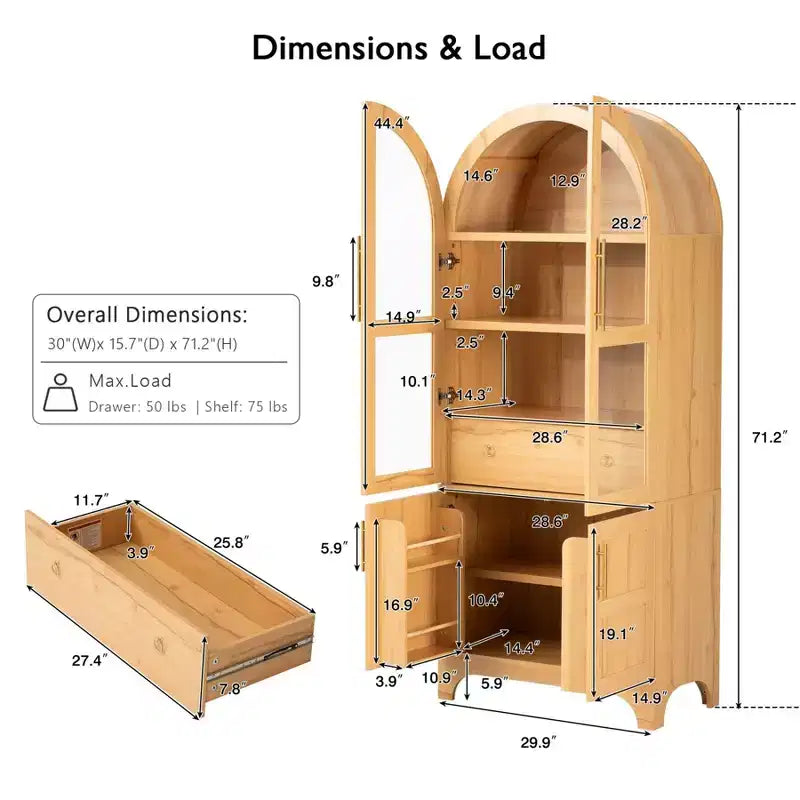 Mobile dispensa alto ad arco per cucina, armadio contenitore indipendente con anta in vetro, mobiletto bar per caffè per cucina, sala da pranzo