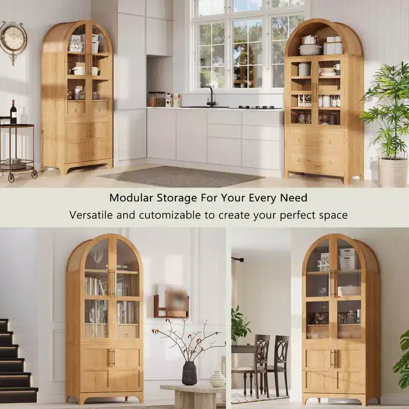 Mobile dispensa alto ad arco per cucina, armadio contenitore indipendente con anta in vetro, mobiletto bar per caffè per cucina, sala da pranzo