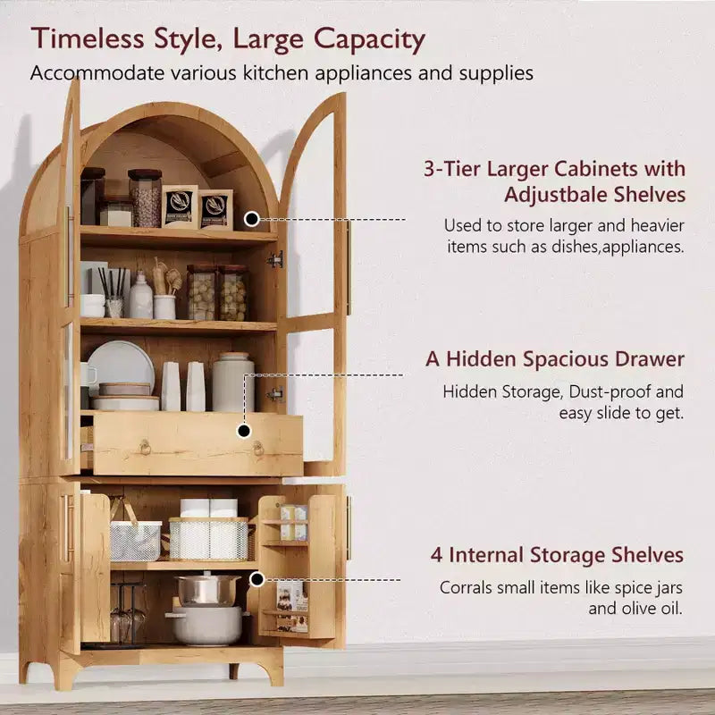 Mobile dispensa alto ad arco per cucina, armadio contenitore indipendente con anta in vetro, mobiletto bar per caffè per cucina, sala da pranzo