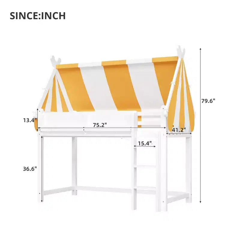 Letto a soppalco con baldacchino a righe bicolore, libreria e scala