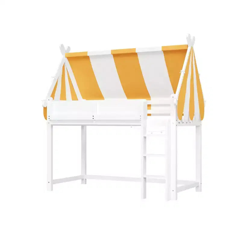 Letto a soppalco con baldacchino a righe bicolore, libreria e scala