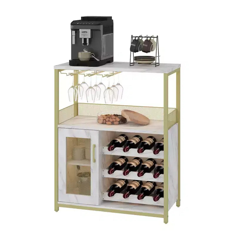 Mobile credenza industriale a 3 ripiani con portabottiglie, ripiani regolabili, portabicchieri, anta in rete, per cucina, soggiorno o sala da pranzo in stile vintage