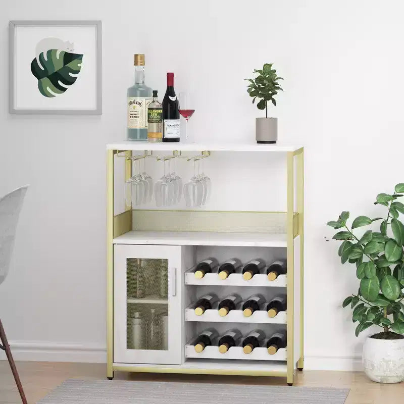 Mobile credenza industriale a 3 ripiani con portabottiglie, ripiani regolabili, portabicchieri, anta in rete, per cucina, soggiorno o sala da pranzo in stile vintage