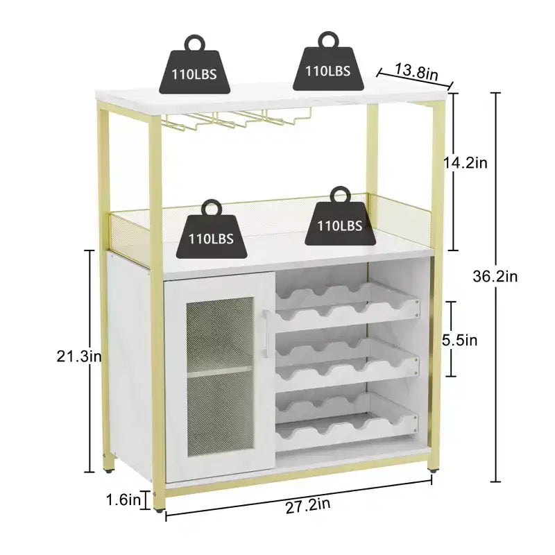 Mobile credenza industriale a 3 ripiani con portabottiglie, ripiani regolabili, portabicchieri, anta in rete, per cucina, soggiorno o sala da pranzo in stile vintage