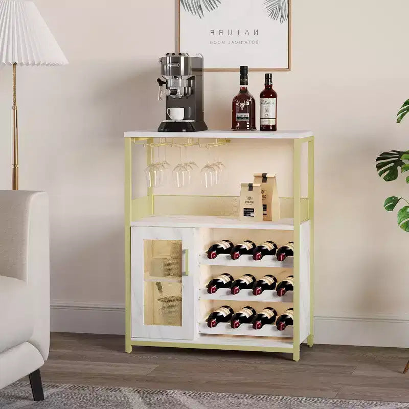 Mobile credenza industriale a 3 ripiani con portabottiglie, ripiani regolabili, portabicchieri, anta in rete, per cucina, soggiorno o sala da pranzo in stile vintage