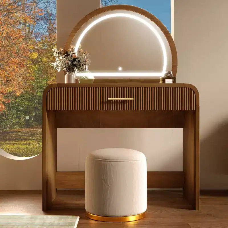 Mobile per Trucco con Texture Ondulata, Touchscreen e Illuminazione a LED Integrata, Dotato di un Cassetto, Ideale per Camere da Letto, Espresso