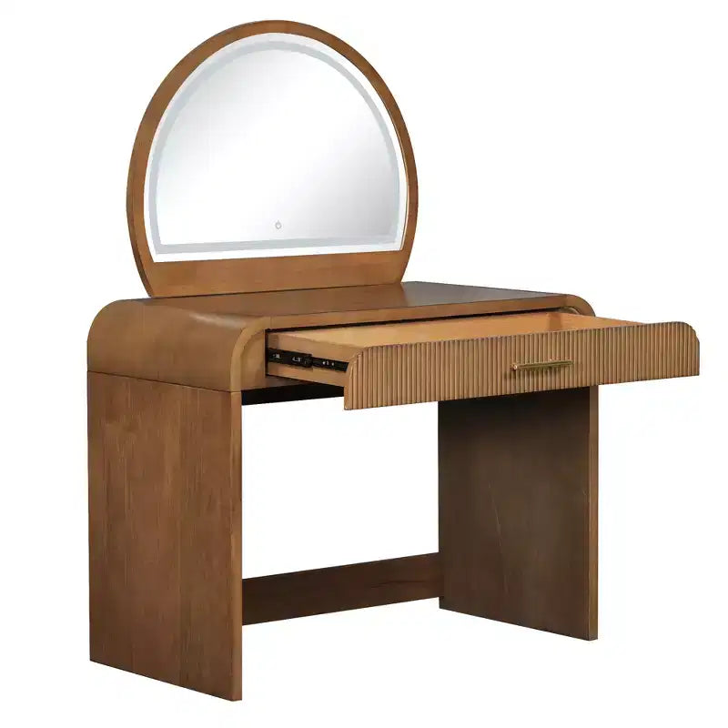 Mobile per Trucco con Texture Ondulata, Touchscreen e Illuminazione a LED Integrata, Dotato di un Cassetto, Ideale per Camere da Letto, Espresso
