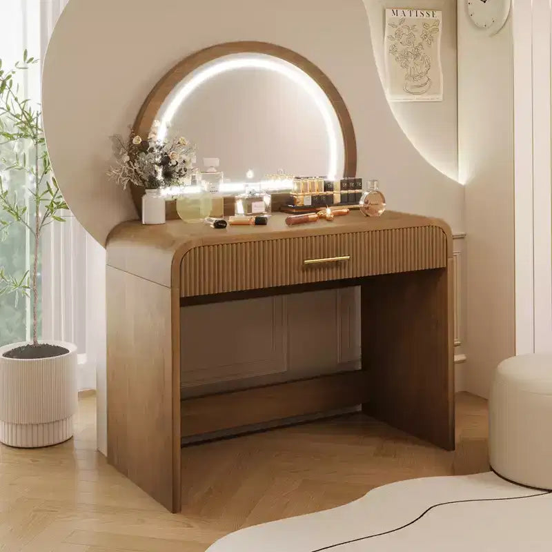 Mobile per Trucco con Texture Ondulata, Touchscreen e Illuminazione a LED Integrata, Dotato di un Cassetto, Ideale per Camere da Letto, Espresso