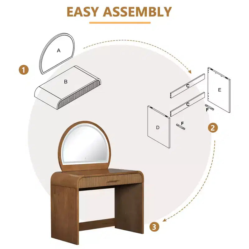Mobile per Trucco con Texture Ondulata, Touchscreen e Illuminazione a LED Integrata, Dotato di un Cassetto, Ideale per Camere da Letto, Espresso