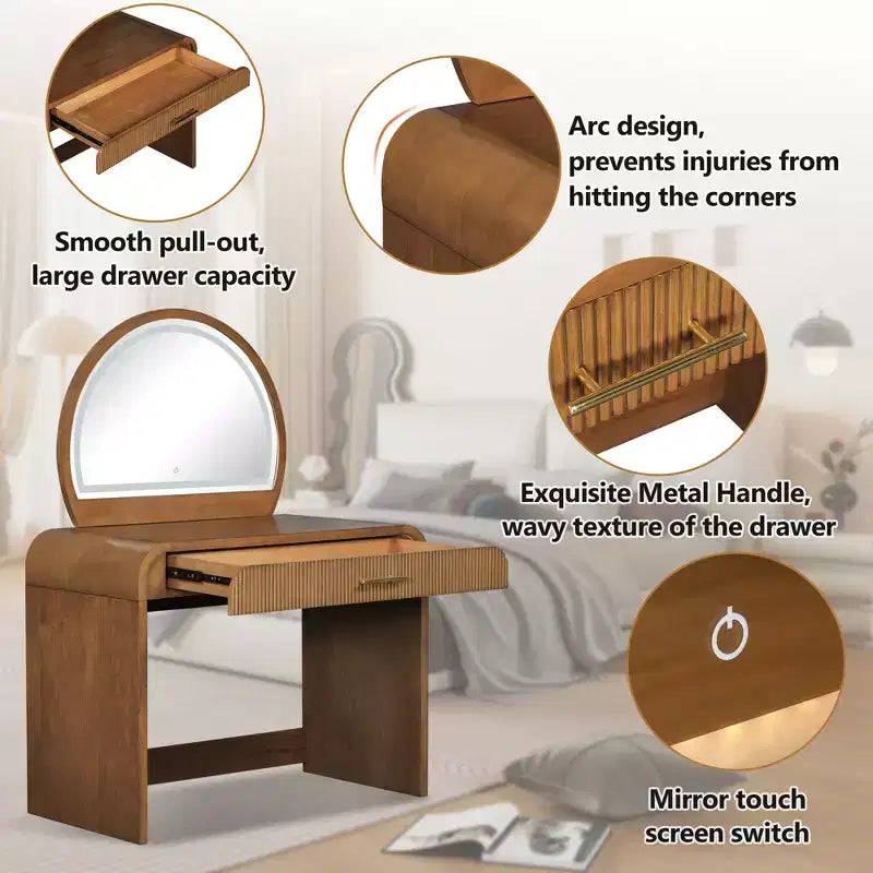 Mobile per Trucco con Texture Ondulata, Touchscreen e Illuminazione a LED Integrata, Dotato di un Cassetto, Ideale per Camere da Letto, Espresso