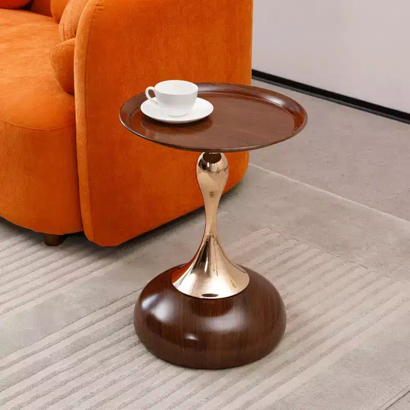Tavolino rotondo con base a coda di sirena, tavolino d'appoggio in metallo in stile Art Déco, tavolino laterale minimalista a vassoio per piccoli spazi (Marrone Noce)