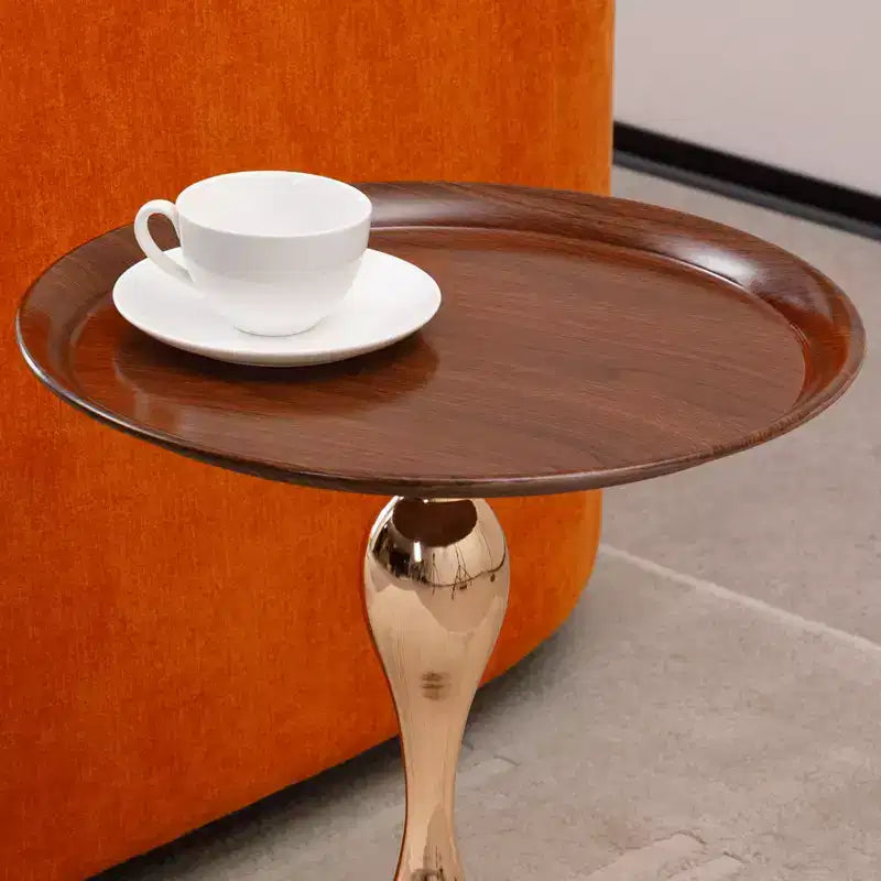 Tavolino rotondo con base a coda di sirena, tavolino d'appoggio in metallo in stile Art Déco, tavolino laterale minimalista a vassoio per piccoli spazi (Marrone Noce)