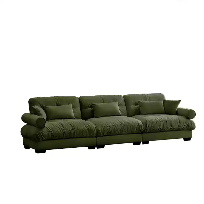 Divano a 3 posti extra large, moderno, in velluto, seduta e schienale comodi come una nuvola con cuscini lombari e cuscini decorativi, verde oliva