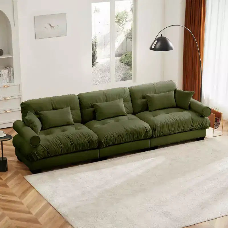 Divano a 3 posti extra large, moderno, in velluto, seduta e schienale comodi come una nuvola con cuscini lombari e cuscini decorativi, verde oliva