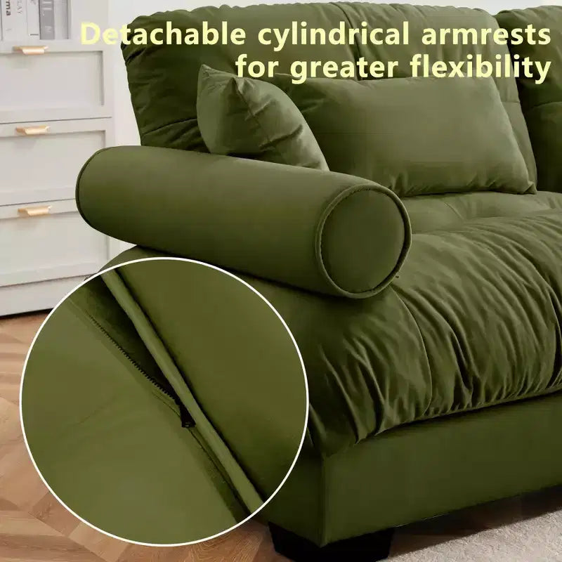 Divano a 3 posti extra large, moderno, in velluto, seduta e schienale comodi come una nuvola con cuscini lombari e cuscini decorativi, verde oliva