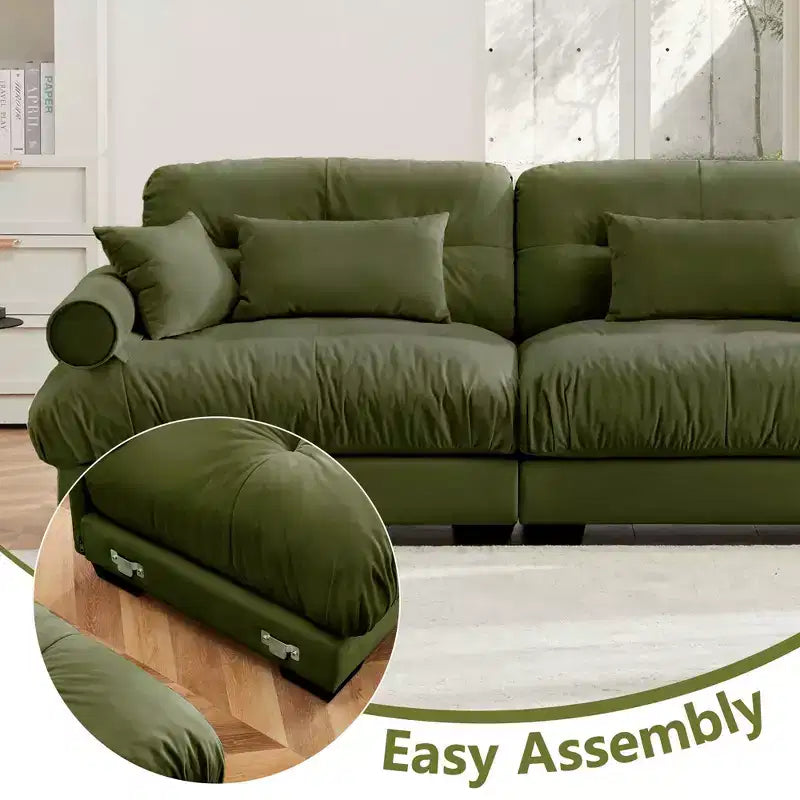 Divano a 3 posti extra large, moderno, in velluto, seduta e schienale comodi come una nuvola con cuscini lombari e cuscini decorativi, verde oliva