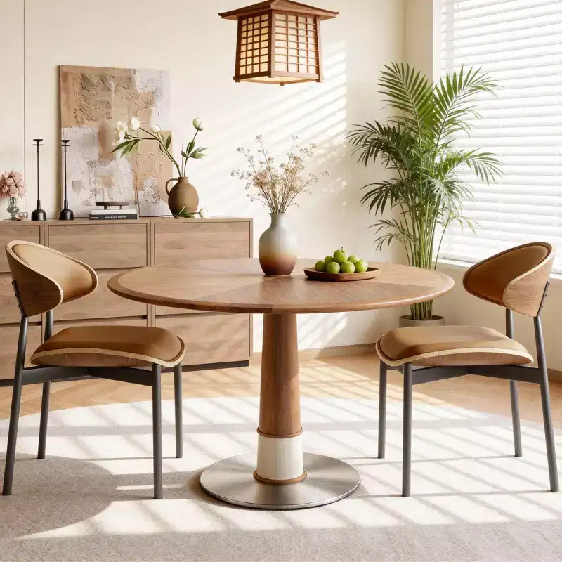 Tavolo da pranzo rotondo, base in acciaio inossidabile, piano in legno, tavolo da cucina a piedistallo per 4 persone, scrivania circolare moderna, Gaoyangjiaju