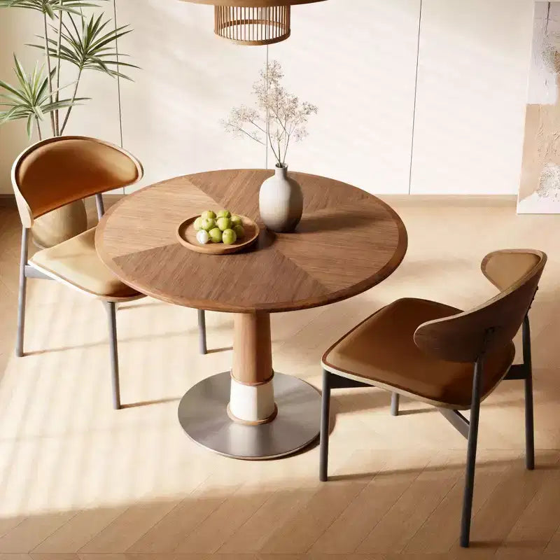 Tavolo da pranzo rotondo, base in acciaio inossidabile, piano in legno, tavolo da cucina a piedistallo per 4 persone, scrivania circolare moderna, Gaoyangjiaju