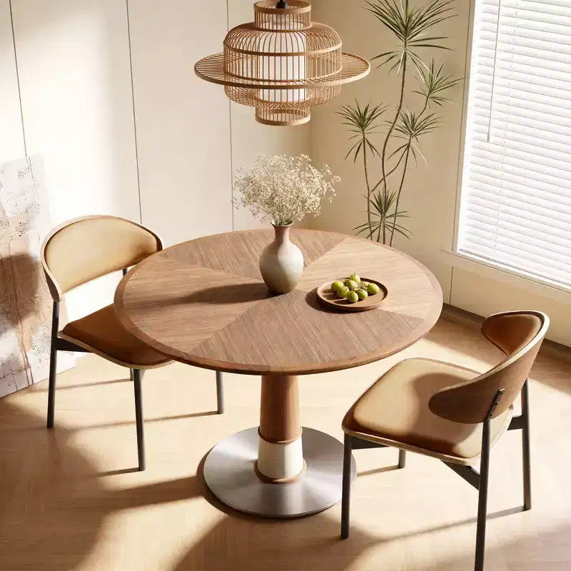 Tavolo da pranzo rotondo, base in acciaio inossidabile, piano in legno, tavolo da cucina a piedistallo per 4 persone, scrivania circolare moderna, Gaoyangjiaju