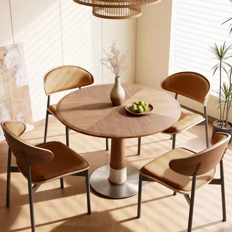 Tavolo da pranzo rotondo, base in acciaio inossidabile, piano in legno, tavolo da cucina a piedistallo per 4 persone, scrivania circolare moderna, Gaoyangjiaju