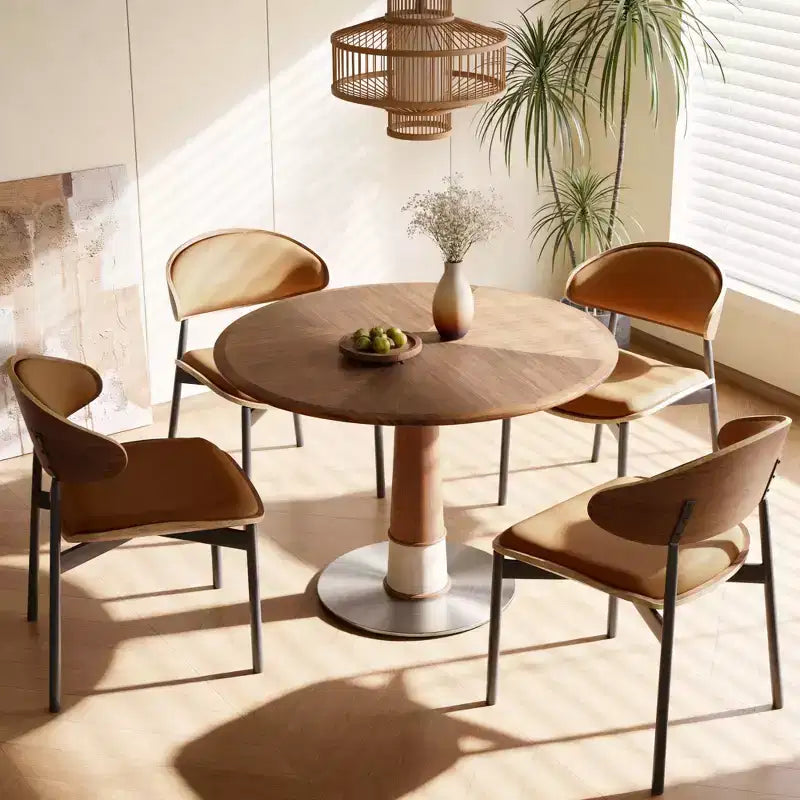 Tavolo da pranzo rotondo, base in acciaio inossidabile, piano in legno, tavolo da cucina a piedistallo per 4 persone, scrivania circolare moderna, Gaoyangjiaju