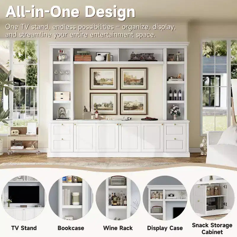 Centro di intrattenimento TV all-in-one per TV da 70", con 3 ripiani regolabili e mobiletto contenitore