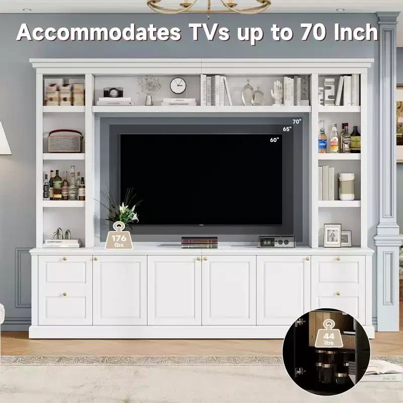 Centro di intrattenimento TV all-in-one per TV da 70", con 3 ripiani regolabili e mobiletto contenitore