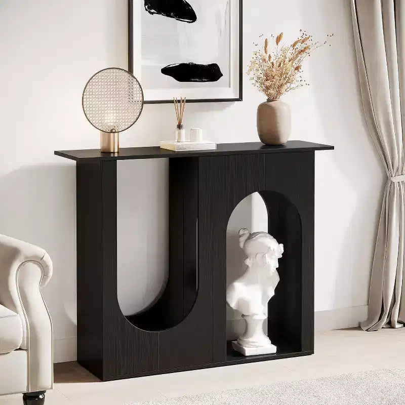 Tavolo da Divano Nero da 10 cm con Design ad Arco, Consolle Stretta per Dietro il Divano, Ingresso, Corridoio, Soggiorno, Facile Montaggio