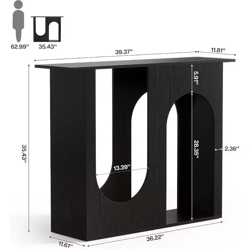 Tavolo da Divano Nero da 10 cm con Design ad Arco, Consolle Stretta per Dietro il Divano, Ingresso, Corridoio, Soggiorno, Facile Montaggio