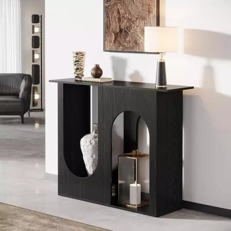 Tavolo da Divano Nero da 10 cm con Design ad Arco, Consolle Stretta per Dietro il Divano, Ingresso, Corridoio, Soggiorno, Facile Montaggio