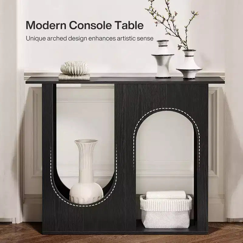 Tavolo da Divano Nero da 10 cm con Design ad Arco, Consolle Stretta per Dietro il Divano, Ingresso, Corridoio, Soggiorno, Facile Montaggio