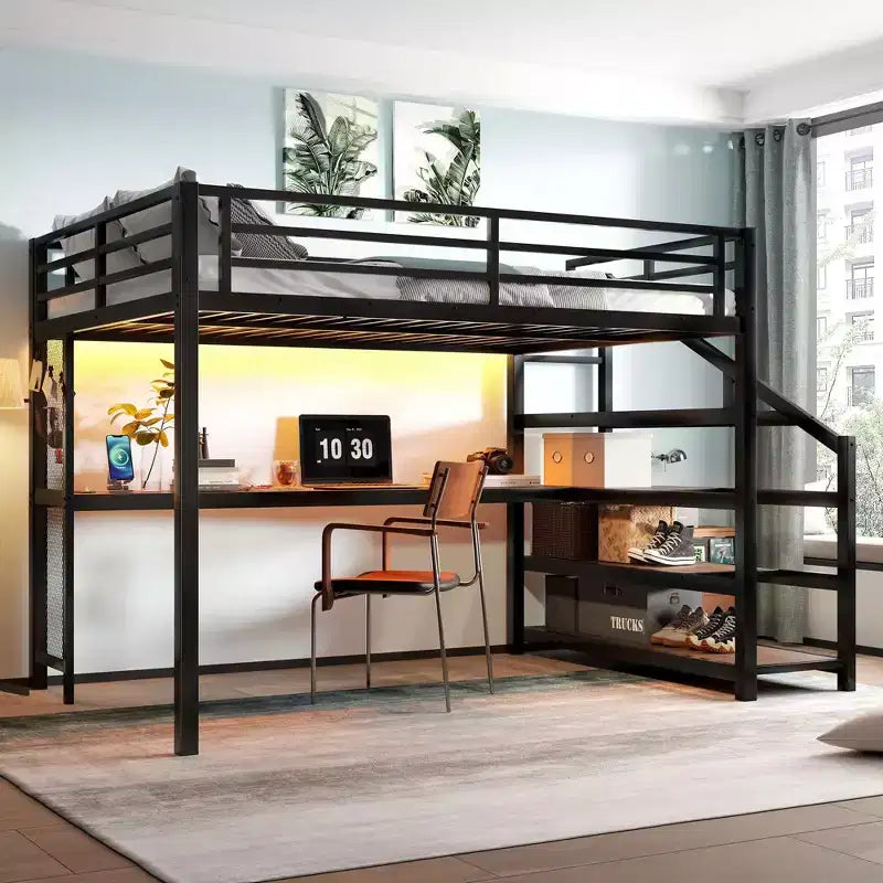 Letto a soppalco matrimoniale con scrivania e scale contenitore, struttura in metallo con luci a LED e porte USB, multifunzionale, in rete di ferro, senza base a molle, colore nero