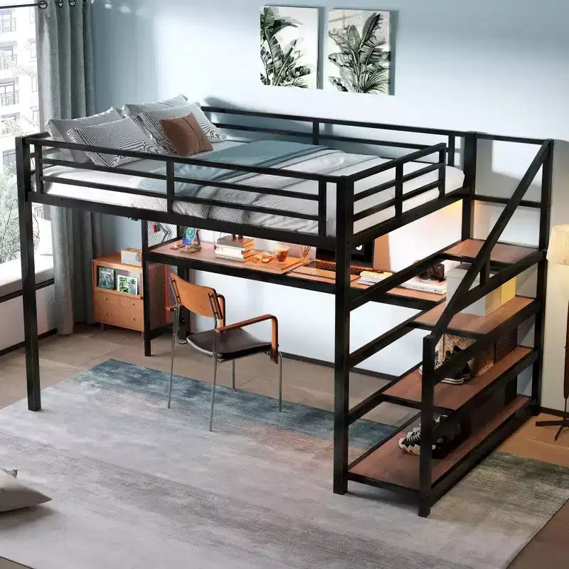Letto a soppalco matrimoniale con scrivania e scale contenitore, struttura in metallo con luci a LED e porte USB, multifunzionale, in rete di ferro, senza base a molle, colore nero