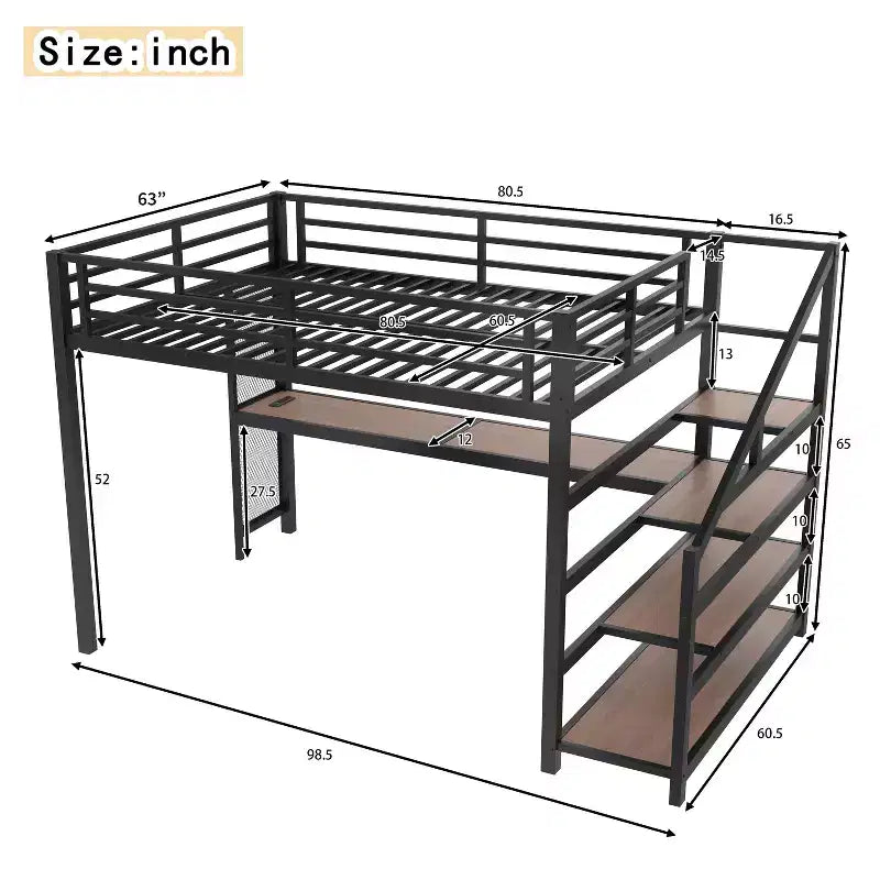 Letto a soppalco matrimoniale con scrivania e scale contenitore, struttura in metallo con luci a LED e porte USB, multifunzionale, in rete di ferro, senza base a molle, colore nero