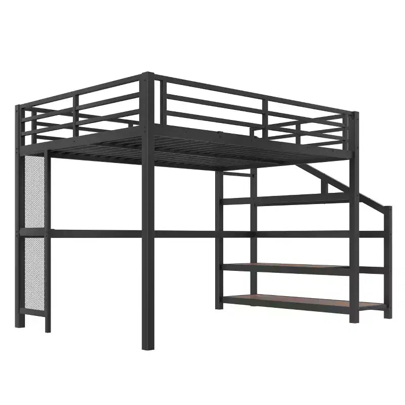 Letto a soppalco matrimoniale con scrivania e scale contenitore, struttura in metallo con luci a LED e porte USB, multifunzionale, in rete di ferro, senza base a molle, colore nero