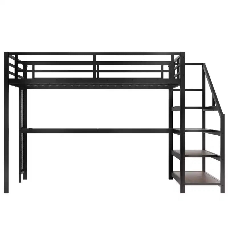 Letto a soppalco matrimoniale con scrivania e scale contenitore, struttura in metallo con luci a LED e porte USB, multifunzionale, in rete di ferro, senza base a molle, colore nero