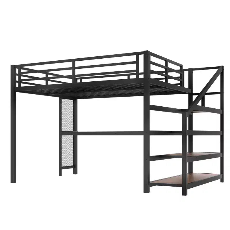 Letto a soppalco matrimoniale con scrivania e scale contenitore, struttura in metallo con luci a LED e porte USB, multifunzionale, in rete di ferro, senza base a molle, colore nero